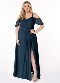 Azazie Dakota Vestidos de damas de honor Vestido Azul Marino Oscuro de Gasa de Línea A con Cuello en V plisado image6