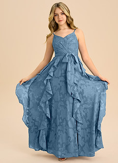 Azazie Peyton Junior Vestido de Azul Acero de Devorado Floral de Corte en A con Plisado image3