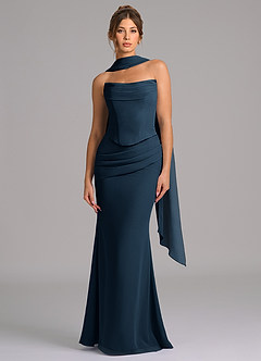 Azazie Sorrel Vestidos de damas de honor Vestido Azul Marino Oscuro de Gasa de Corte Sirena con Corsé image4