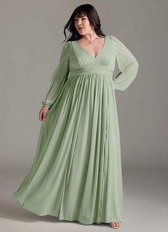 Azazie Norah Brautjungfernkleider A-Linie Lange Ärmel mit V-Ausschnitt Chiffon Kleid Staubiger Salbeigrün image8