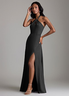 Azazie Tracie Bridesmaid Dresses Black A-Line Side Slit Stretch Satin Dress image4