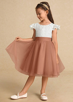 Azazie Vetty Flower Girl Dresses Ivory Bronzer A-Line Lace Tulle Dress image4