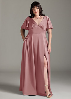 Azazie Kimber Robes de demoiselle d'honneur Robe Trapèze en Satin extensible Rayé Rose Poussiéreuse image7