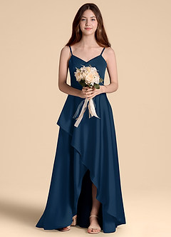 Azazie Prisha Junior Dark Navy A-Line Pleated Stretch Satin Dress image6