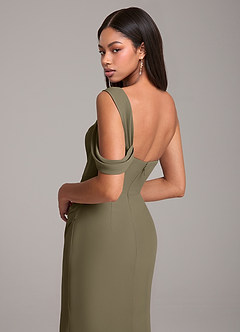 Azazie Wynter At-home Try On Dresses Dusty Blue Sheath Off the Shoulder Chiffon Dress image2