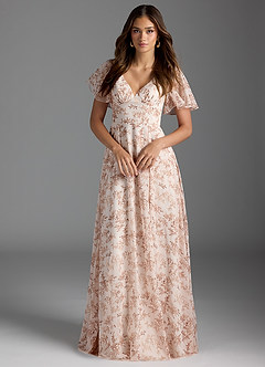 Azazie Kimber Bridesmaid Dresses Pink Fern Floral A-Line Flounce Sleeve Chiffon Dress image3