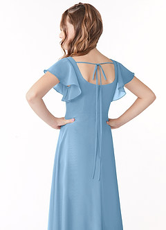Azazie Bondi Junior Steel Blue A-Line Bow Chiffon Dress image3