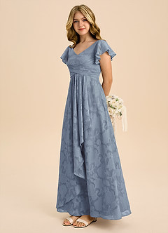 Azazie Omari Junior Dusty Blue A-Line Pleated Floral Burnout Dress image6