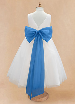 Azazie Kavi Robe Demoiselle D'honneur Fillette Robe Trapèze en Mat Satiné Arc Ivoire Geai Bleu image8