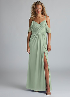 Azazie Fiena Final Sale Dusty Sage A-Line V-neck Ruched Mesh Dress image1