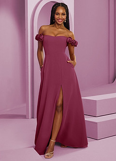 Barbie ♥ Azazie Suknie dla druhen Rozkloszowana szyfonowa sukienka z odkrytymi ramionami i kwiatowymi rozetkami image1