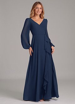 Azazie Simone Bridesmaid Dresses Dark Navy A-Line Long Sleeve Chiffon Dress image4