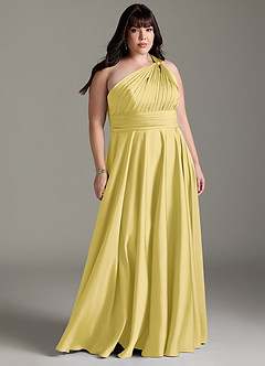 Azazie Charlize Bridesmaid Dresses Canary A-Line One Shoulder Stretch Satin Dress image9