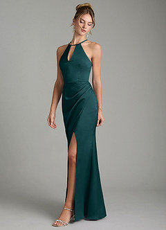 Azazie Aidyn Bridesmaid Dresses Pine Sheath Pleated Stretch Satin Dress image4