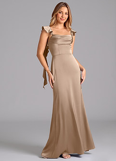 Azazie Adi Bridesmaid Dresses Taupe A-Line Pleated Stretch Satin Dress image5