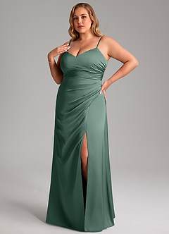 Azazie Azuree At-home Try On Dresses Dusty Sage A-Line Pleated Stretch Satin Dress image9