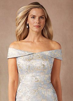Azazie Maria Mother of the Bride Dresses Dusty Blue A-Line Off the Shoulder Jacquard Dress image6