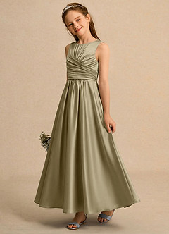Azazie Ducky Girls Formal Flower Girl Dresses Moss Green A-Line Pleated Stretch Satin Dress image3