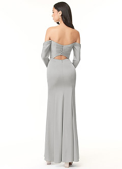 Azazie Hallie Bridesmaid Dresses Silver Sheath Off-The-Shoulder Long Sleeve Stretch Satin Convertible Dress image3