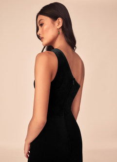 Azazie Argan Bridesmaid Dresses Black A-Line One Shoulder Pleated Velvet Dress image7