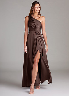 Azazie Brooke Bridesmaid Dresses Ganache A-Line One Shoulder Stretch Satin Dress image3