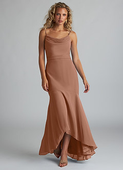 Azazie Summer Jurken voor bruidsmeisjes Jurk van Chiffon met Zeemeermin Schop cowl Bronzeertint image4