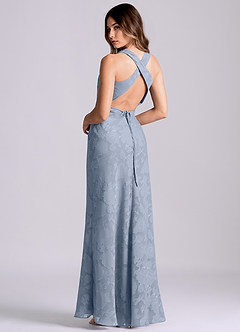 Azazie Evadne Final Sale Dusty Blue Sheath Pleated Floral Burnout Dress image2