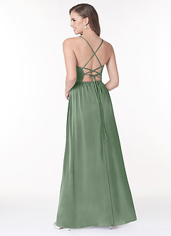 Azazie Raya At-home Try On Dresses Matcha A-Line V-Neck Pleated Stretch Satin Dress image2