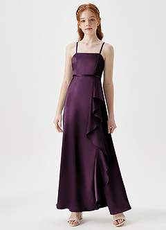 Azazie Kaylee Junior Plum A-Line with Belt Metallic Satin Dress image1