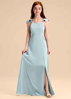 Azazie Everett Junior Mist A-Line Bow Stretch Satin Dress image1