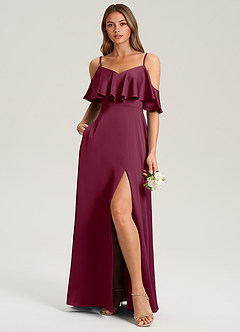 Azazie Jean Bridesmaid Dresses Mulberry A-Line Off the Shoulder Stretch Satin Dress image3