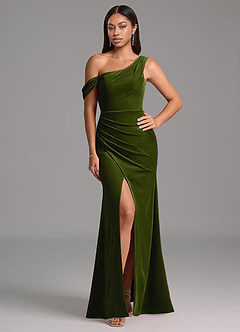 Azazie Madelyn Bridesmaid Dresses Olive Sheath One Shoulder Velvet Dress image1