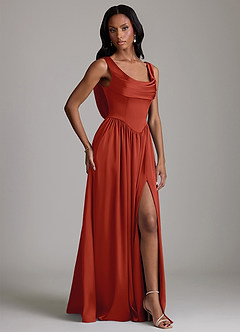Azazie Novi Robes de demoiselle d'honneur Robe Trapèze en Satin extensible avec poches Rouille image5