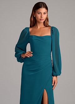 Azazie Brixley Brautjungfernkleider Meerjungfrau-Linie Langarm Chiffon Kleid Tintenblau image7