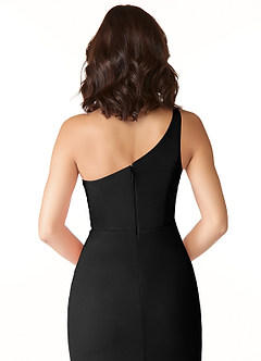 Azazie Cassia Final Sale Black Sheath One Shoulder Mesh Dress image3