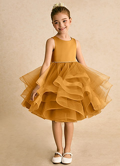 Azazie Tinie Blumenmädchenkleider Ballkleid Schleifen Tüll Kleid Butterscotch image3