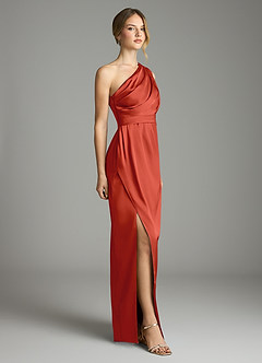 Azazie Emorie Robes de demoiselle d'honneur Robe Fourreau en Satin extensible Une épaule Rouille image4