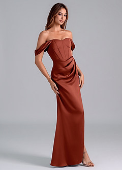 Azazie Asha Bridesmaid Dresses Terracotta Sheath Off the Shoulder Stretch Satin Convertible Dress image3