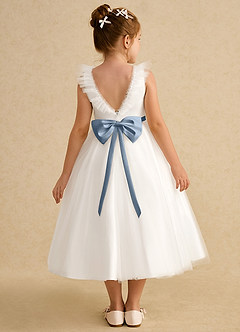 Azazie Amber Flower Girl Dresses Ivory Dusty Blue A-Line Bow Tulle Dress image1