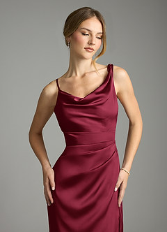 Azazie Samara At-home Try On Dresses Burgundy Mermaid Pleated Stretch Satin Dress image5