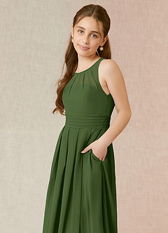 Azazie Bibiane Junior Abito A-Line in Chiffon Plissettato Oliva image13