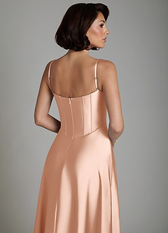 Azazie Nona Bridesmaid Dresses Rose Gold A-Line Pleated Stretch Satin Dress image4