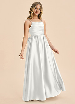 Azazie Kai Junior A-Linie Plissee Stretch-Satin Kleid Weiß image4