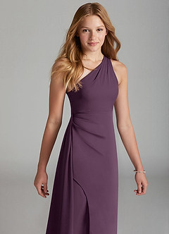 Azazie Maron Junior Plum A-Line Pleated Stretch Satin Dress image3