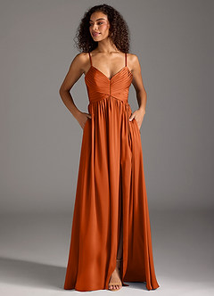 Azazie Alia Vestidos de damas de honor Vestido de Naranja Quemada de Satén Elástico de Corte en A con Plisado image7