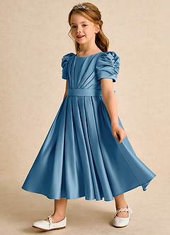Azazie Miriam Abiti da Ragazza di Fiori Abito Principessa in Raso Opaco Plissettato Blu Acciaio image7