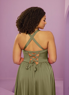 Barbie ♥ Azazie Suknie dla druhen Rozkloszowana sukienka z elastycznej satyny z dekoltem w serek i wiązaniem na plecach image9