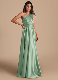 Azazie Charlize Bridesmaid Dresses Matcha A-Line One Shoulder Metallic Satin Dress image3