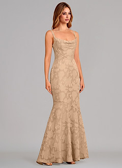 Azazie Aubrey Jurken voor bruidsmeisjes Jurk van Bloemen Burn-out met Zeemeermin Boog Champagne image4