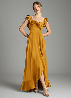 Azazie Lyra Bridesmaid Dresses Butterscotch A-Line Off the Shoulder Stretch Satin Convertible Dress image3
